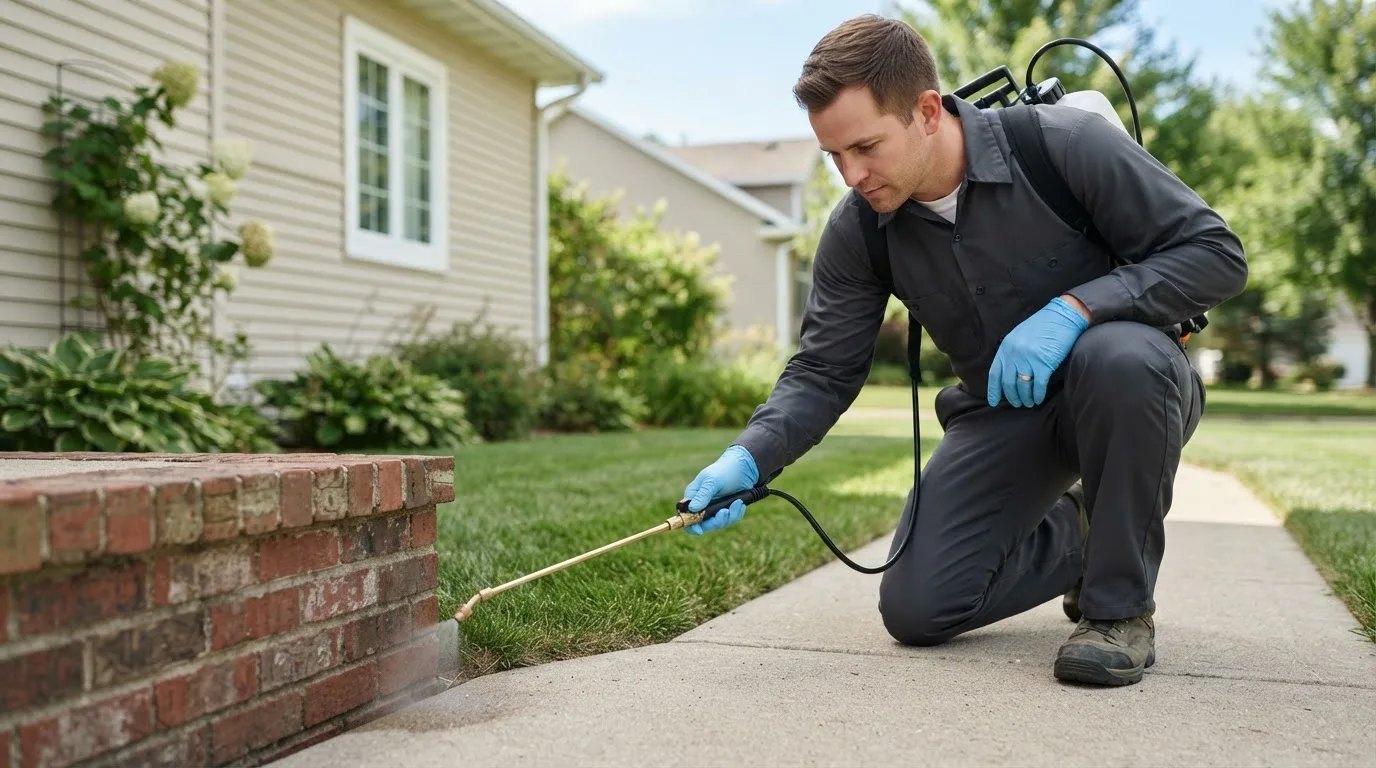 Pest control technician treating a home near Kaufman, TX